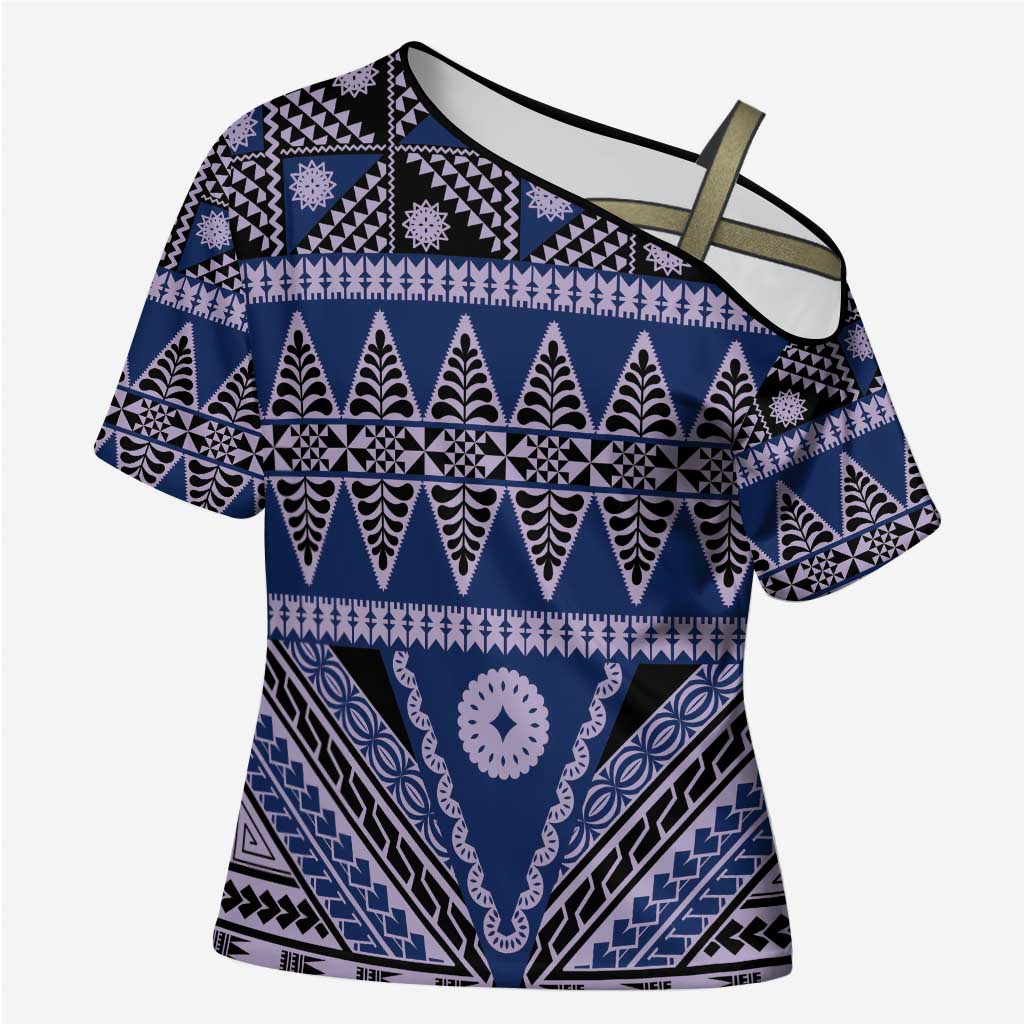 Vintage Bula Fiji Cross Shoulder Shirt Prussian Blue Tapa Masi Motif LT9 Female Blue - Polynesian Pride