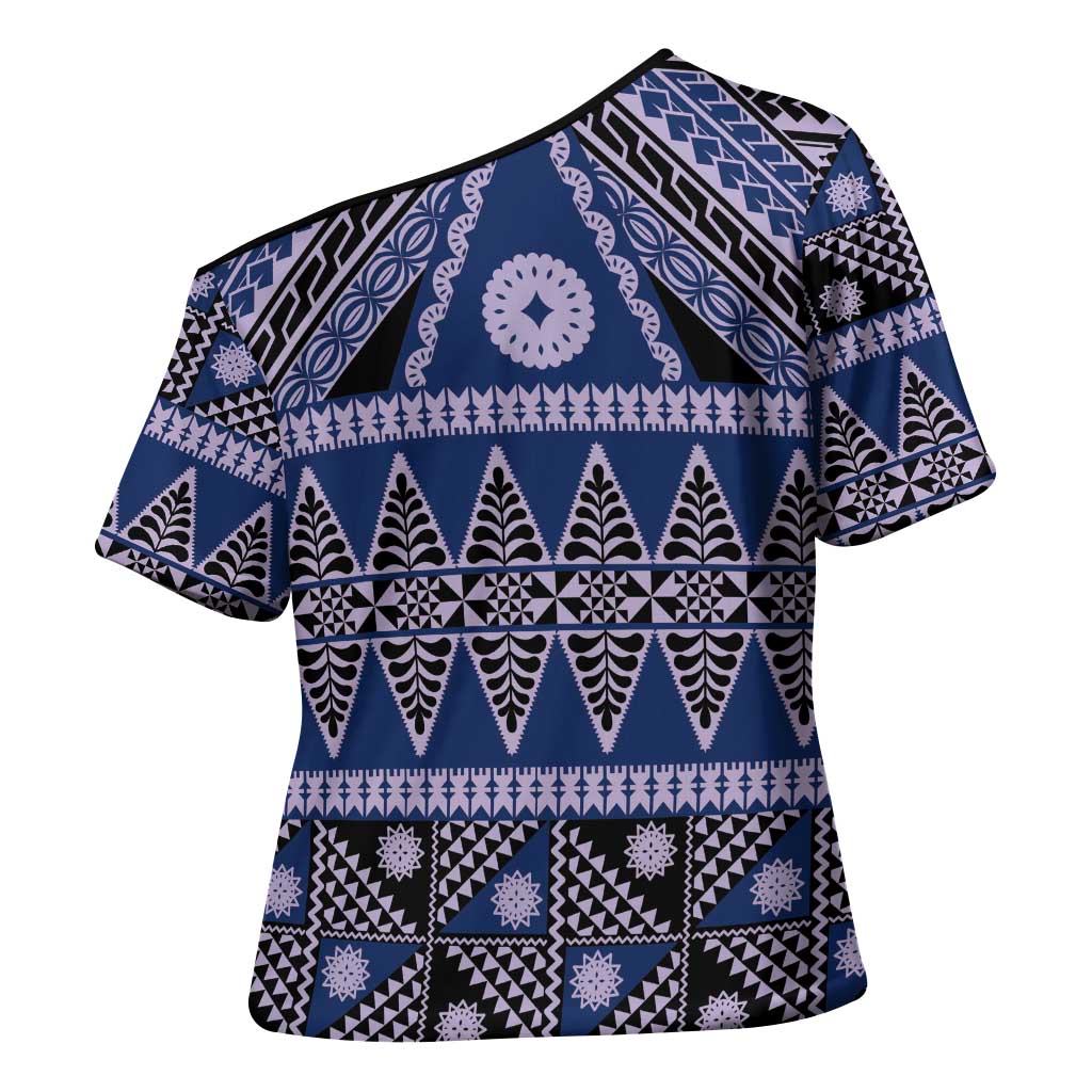Vintage Bula Fiji Cross Shoulder Shirt Prussian Blue Tapa Masi Motif LT9 - Polynesian Pride