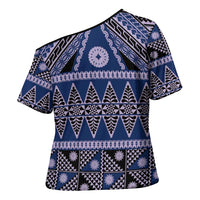 Vintage Bula Fiji Cross Shoulder Shirt Prussian Blue Tapa Masi Motif LT9 - Polynesian Pride