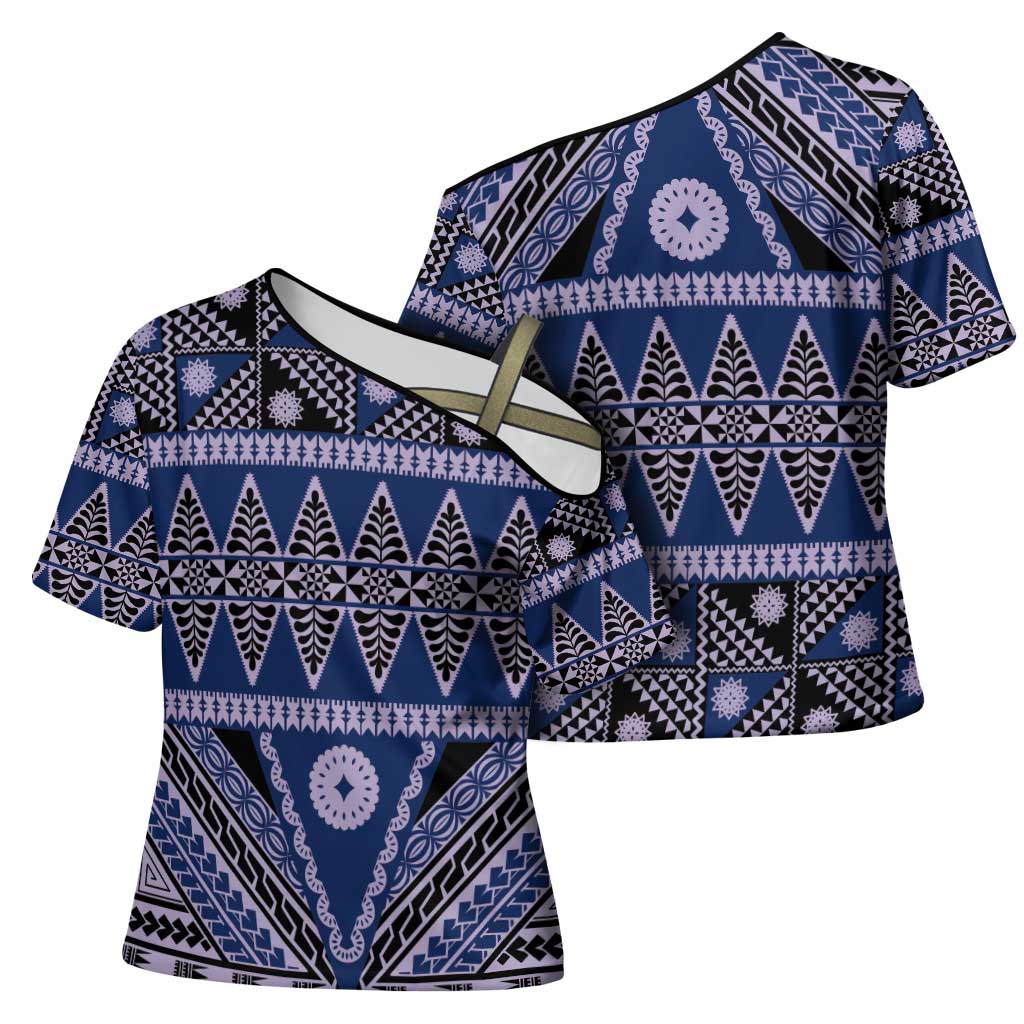 Vintage Bula Fiji Cross Shoulder Shirt Prussian Blue Tapa Masi Motif LT9 - Polynesian Pride