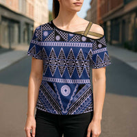 Vintage Bula Fiji Cross Shoulder Shirt Prussian Blue Tapa Masi Motif LT9 - Polynesian Pride