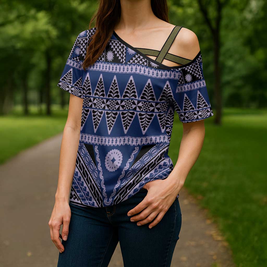 Vintage Bula Fiji Cross Shoulder Shirt Prussian Blue Tapa Masi Motif LT9 - Polynesian Pride
