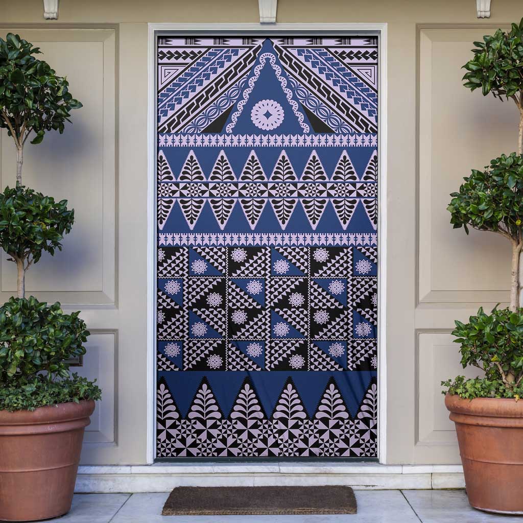Vintage Bula Fiji Door Cover Prussian Blue Tapa Masi Motif - Polynesian Pride