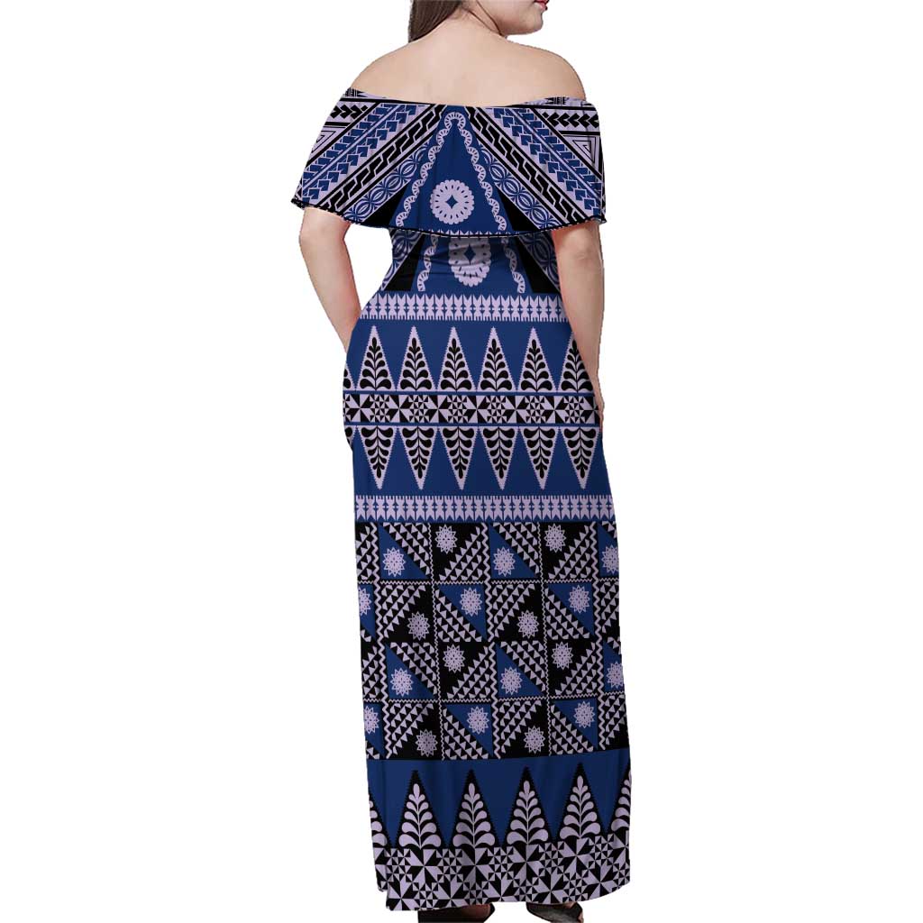 Vintage Bula Fiji Family Matching Off Shoulder Maxi Dress and Hawaiian Shirt Prussian Blue Tapa Masi Motif