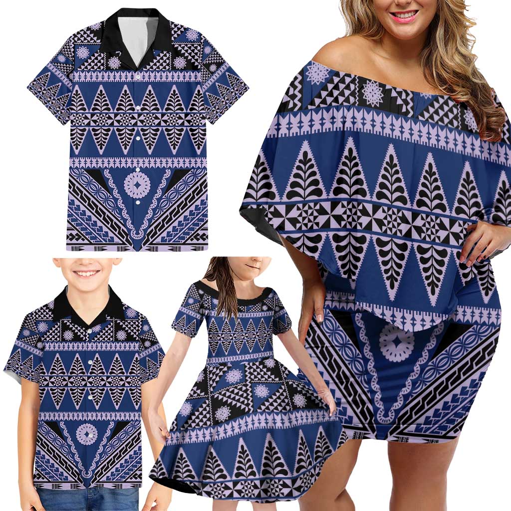 Vintage Bula Fiji Family Matching Off Shoulder Short Dress and Hawaiian Shirt Prussian Blue Tapa Masi Motif