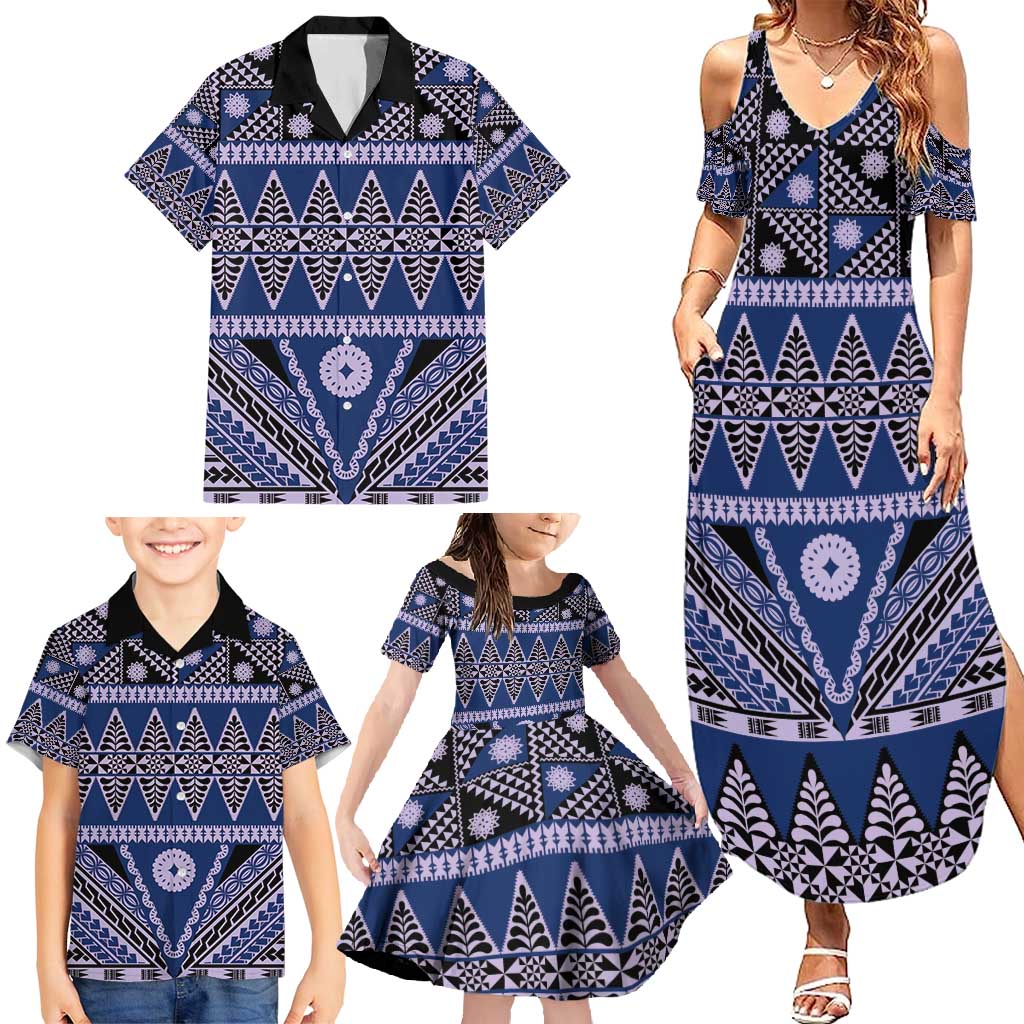 Vintage Bula Fiji Family Matching Summer Maxi Dress and Hawaiian Shirt Prussian Blue Tapa Masi Motif