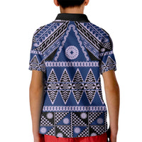 Vintage Bula Fiji Kid Polo Shirt Prussian Blue Tapa Masi Motif