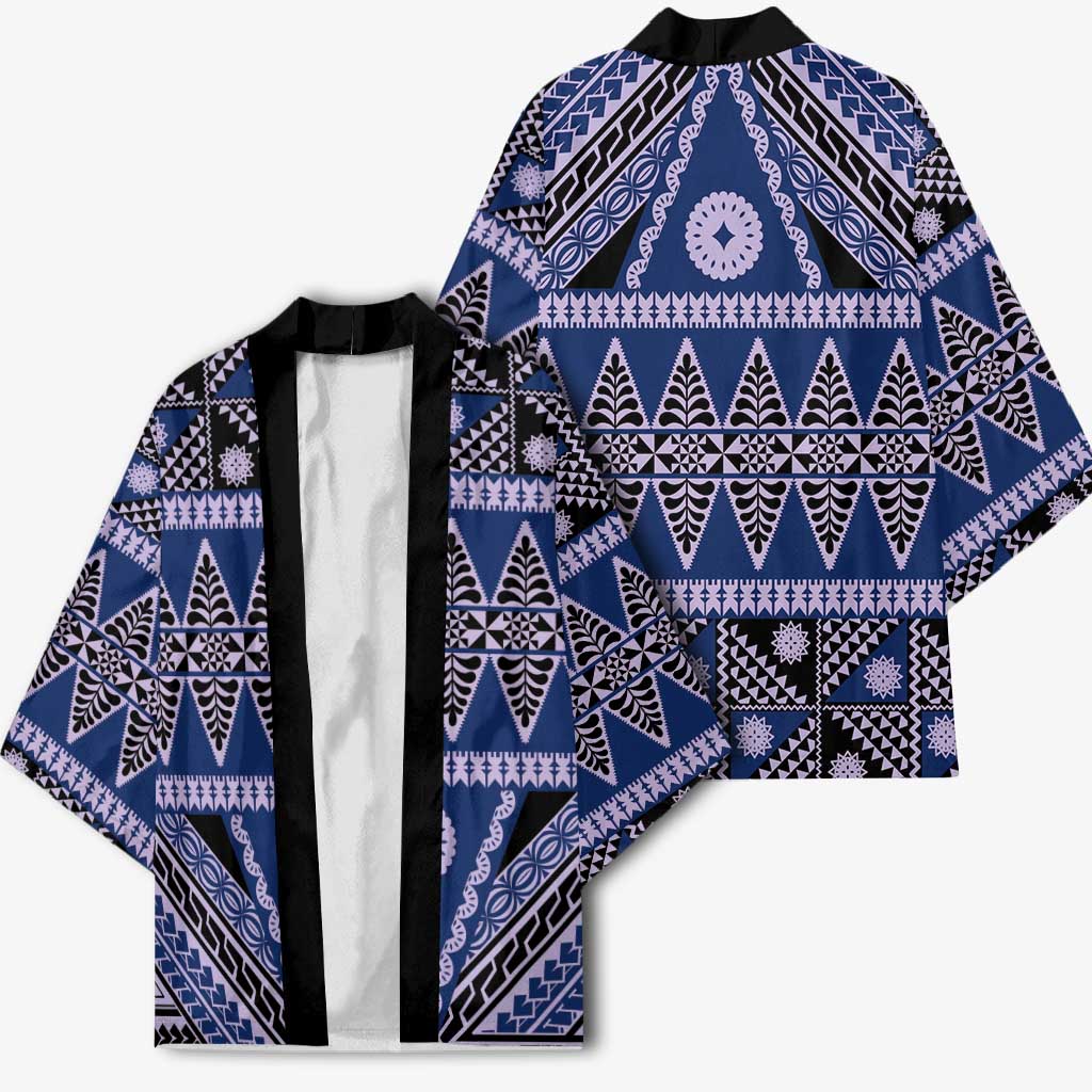 Vintage Bula Fiji Kimono Prussian Blue Tapa Masi Motif - Polynesian Pride