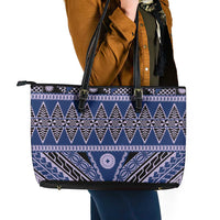 Vintage Bula Fiji Leather Tote Bag Prussian Blue Tapa Masi Motif