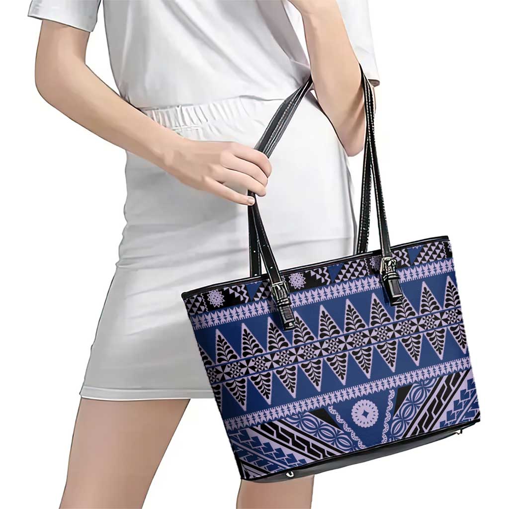 Vintage Bula Fiji Leather Tote Bag Prussian Blue Tapa Masi Motif