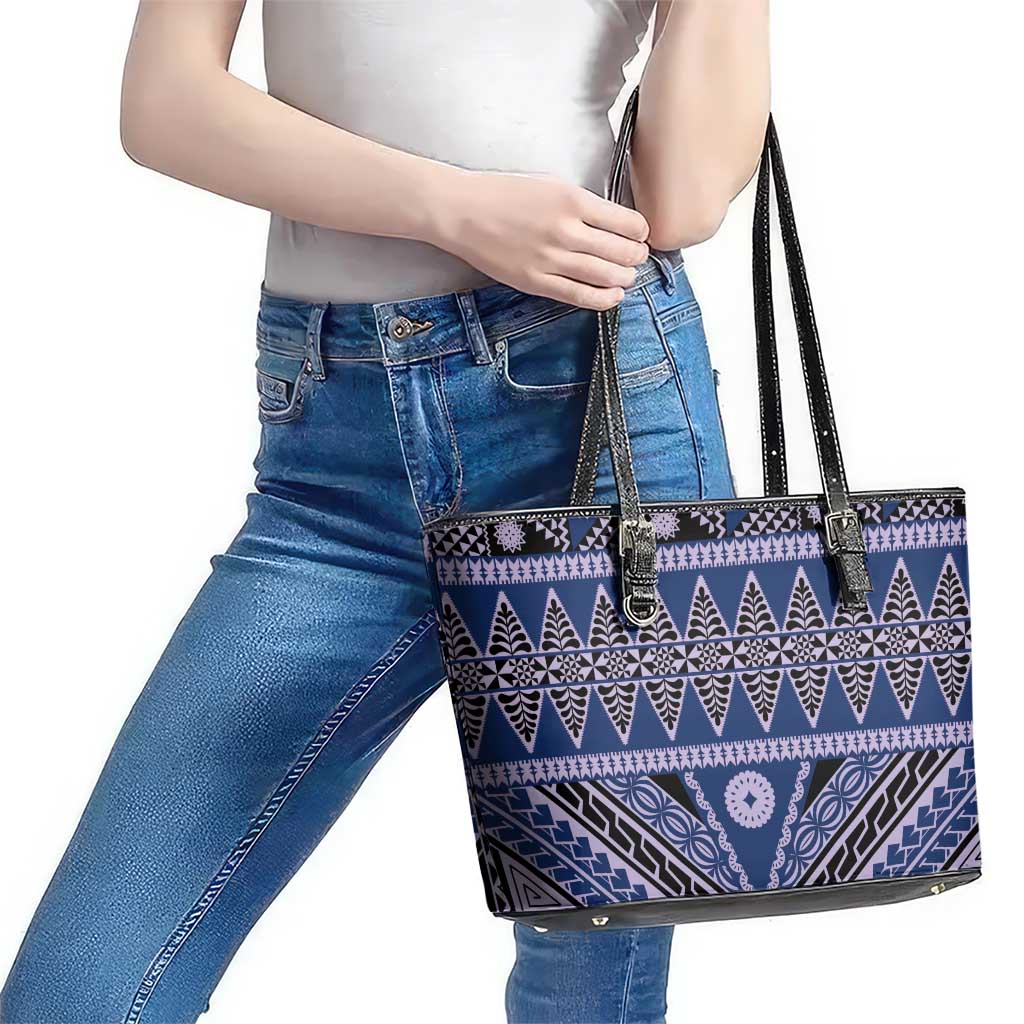 Vintage Bula Fiji Leather Tote Bag Prussian Blue Tapa Masi Motif