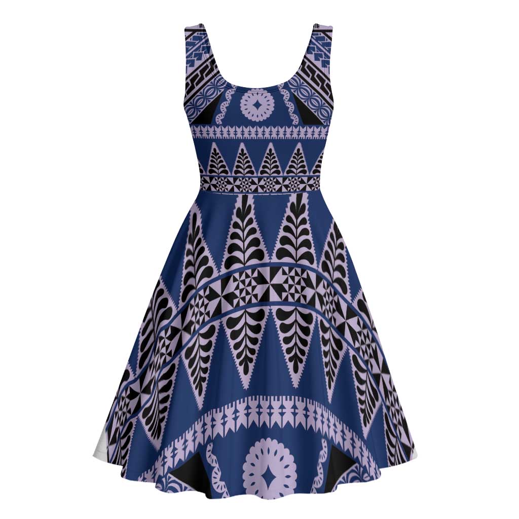 Vintage Bula Fiji Midi Dress Prussian Blue Tapa Masi Motif - Polynesian Pride