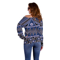 Vintage Bula Fiji Off Shoulder Sweater Prussian Blue Tapa Masi Motif