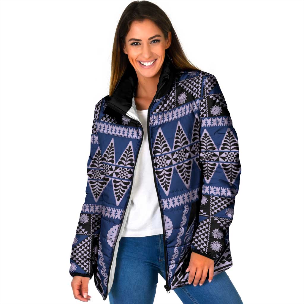 Vintage Bula Fiji Padded Jacket Prussian Blue Tapa Masi Motif LT9 Women Blue - Polynesian Pride