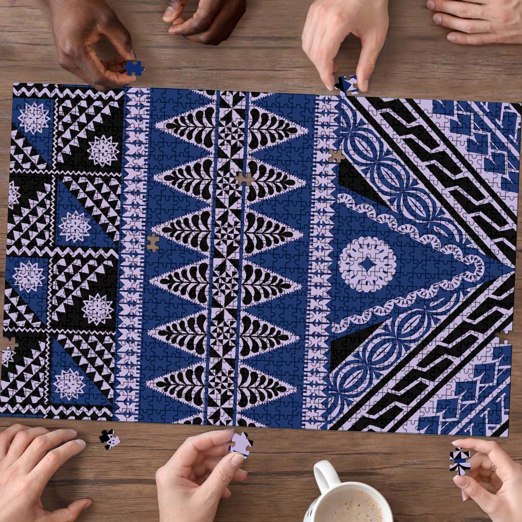 Vintage Bula Fiji Puzzle Prussian Blue Tapa Masi Motif LT9 - Polynesian Pride