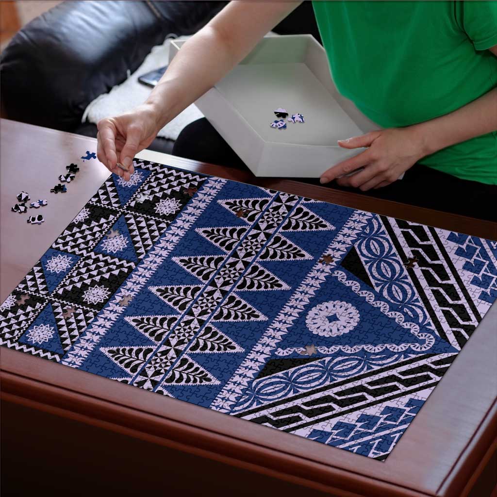 Vintage Bula Fiji Puzzle Prussian Blue Tapa Masi Motif LT9 - Polynesian Pride