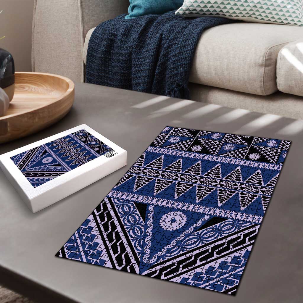 Vintage Bula Fiji Puzzle Prussian Blue Tapa Masi Motif LT9 - Polynesian Pride