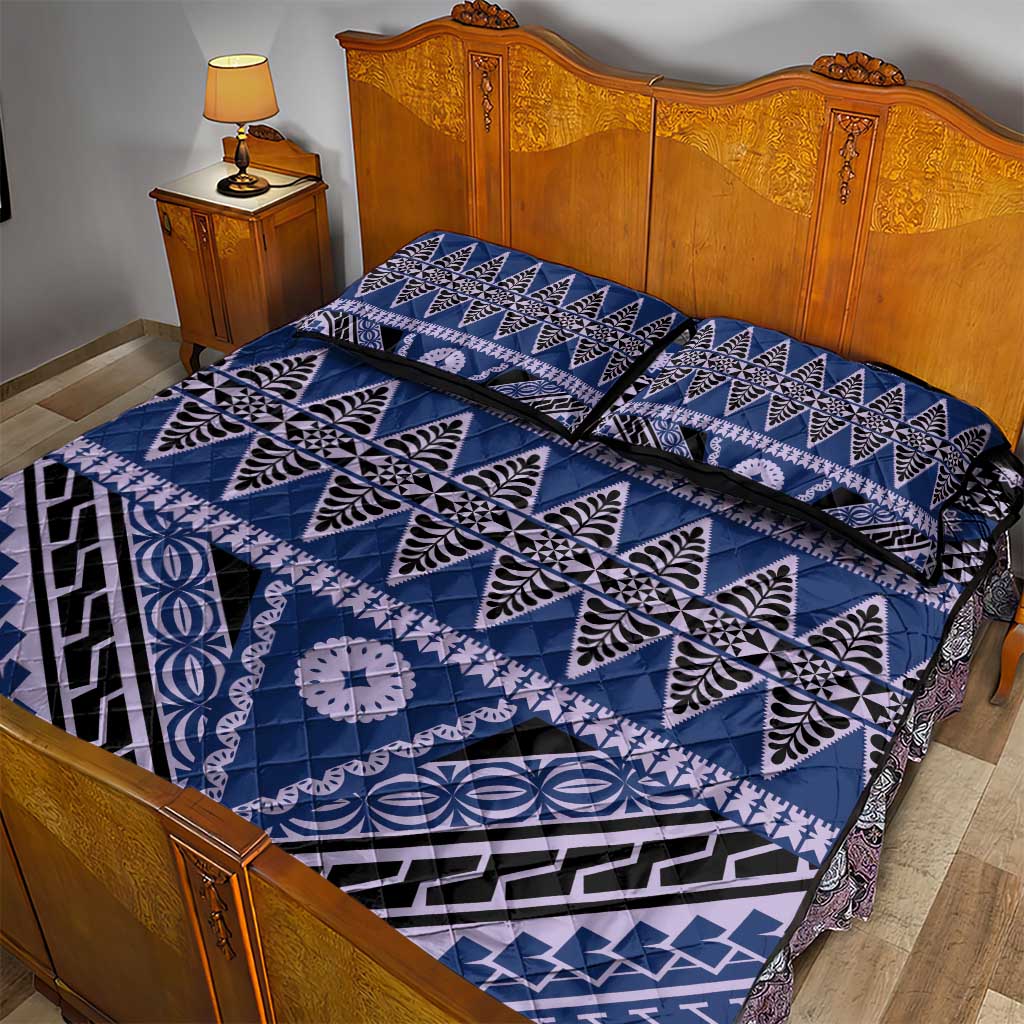 Vintage Bula Fiji Quilt Bed Set Prussian Blue Tapa Masi Motif