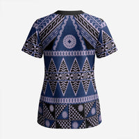 Vintage Bula Fiji Scrub Top Prussian Blue Tapa Masi Motif - Polynesian Pride