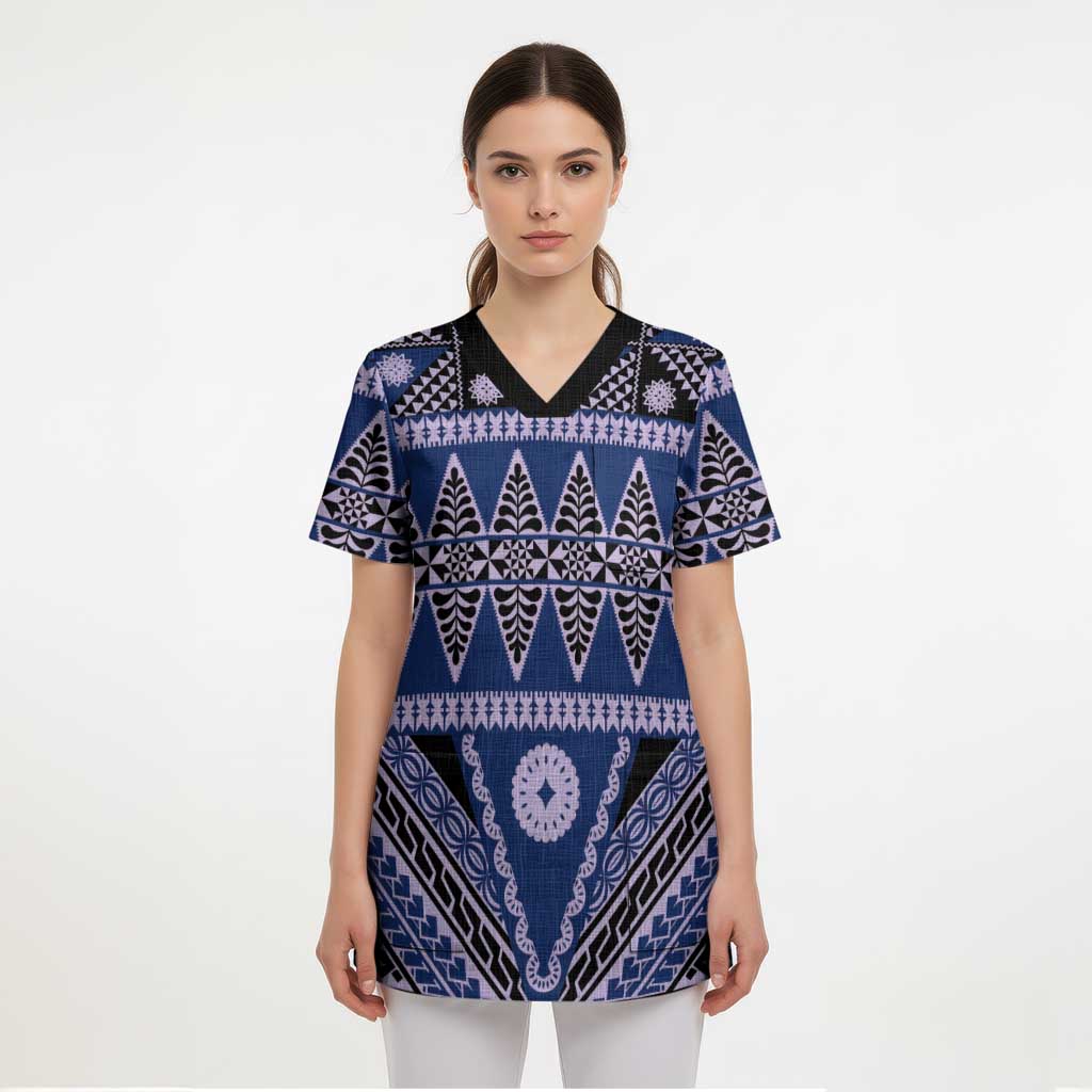 Vintage Bula Fiji Scrub Top Prussian Blue Tapa Masi Motif - Polynesian Pride