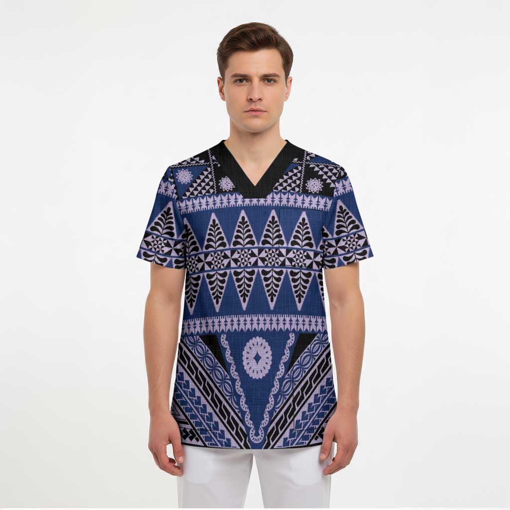 Vintage Bula Fiji Scrub Top Prussian Blue Tapa Masi Motif - Polynesian Pride