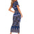Vintage Bula Fiji Short Sleeve Bodycon Dress Prussian Blue Tapa Masi Motif