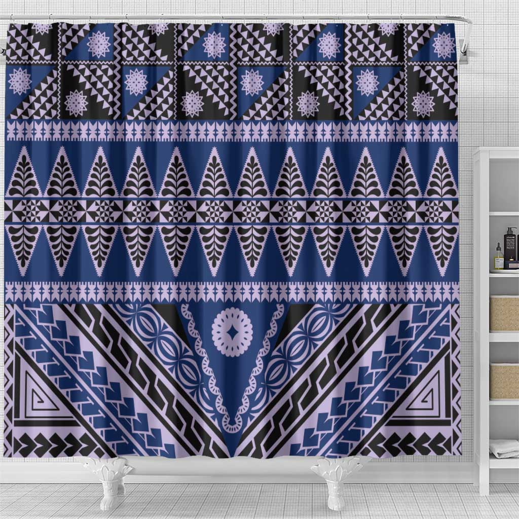 Vintage Bula Fiji Shower Curtain Prussian Blue Tapa Masi Motif