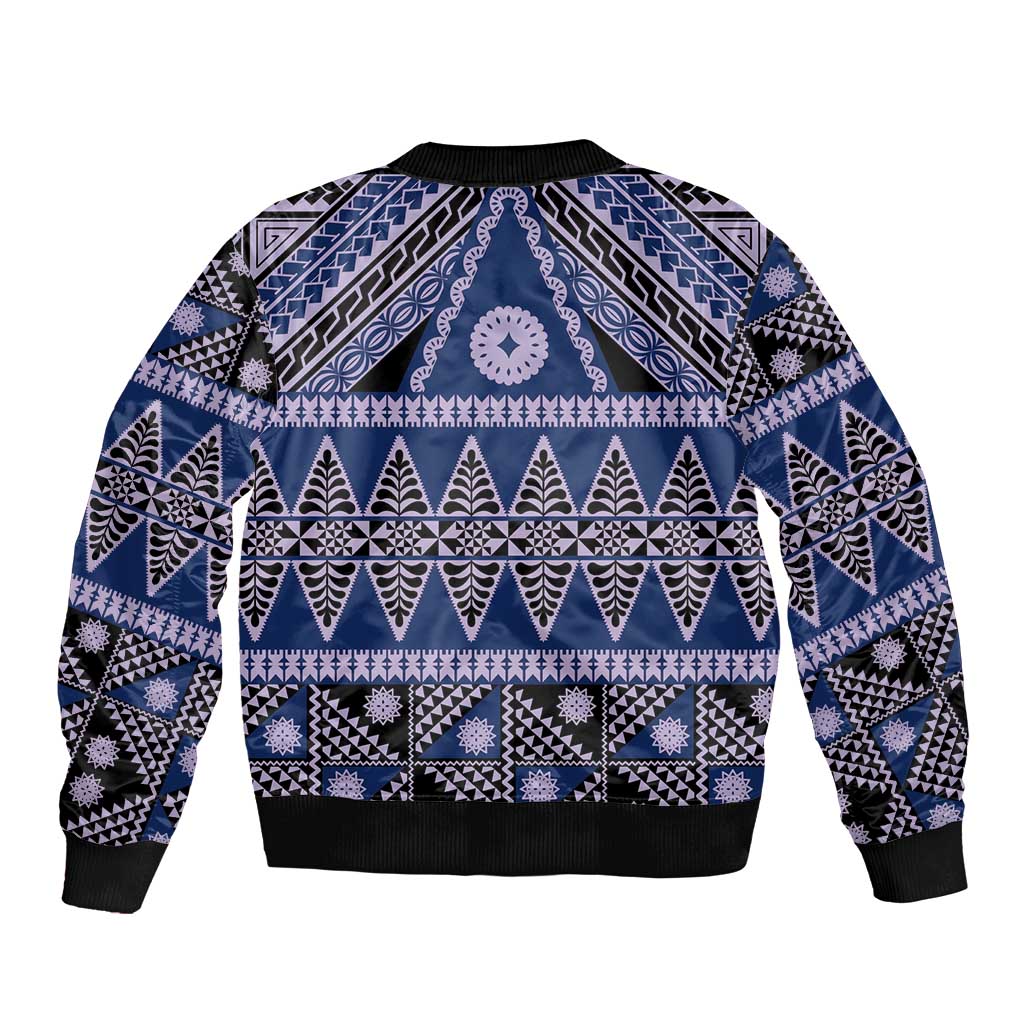Vintage Bula Fiji Sleeve Zip Bomber Jacket Prussian Blue Tapa Masi Motif