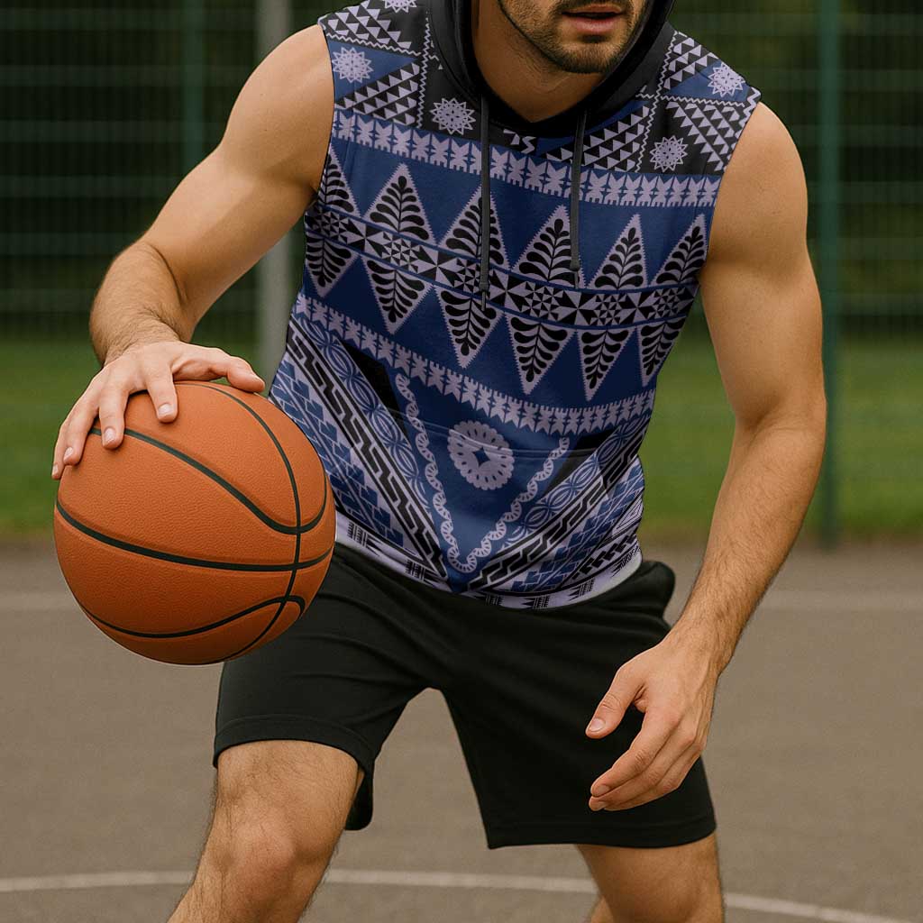 Vintage Bula Fiji Sleeveless Hoodie Prussian Blue Tapa Masi Motif - Polynesian Pride