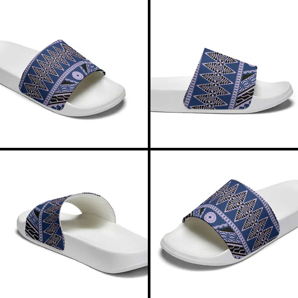 Vintage Bula Fiji Slide Sandals Prussian Blue Tapa Masi Motif - Polynesian Pride