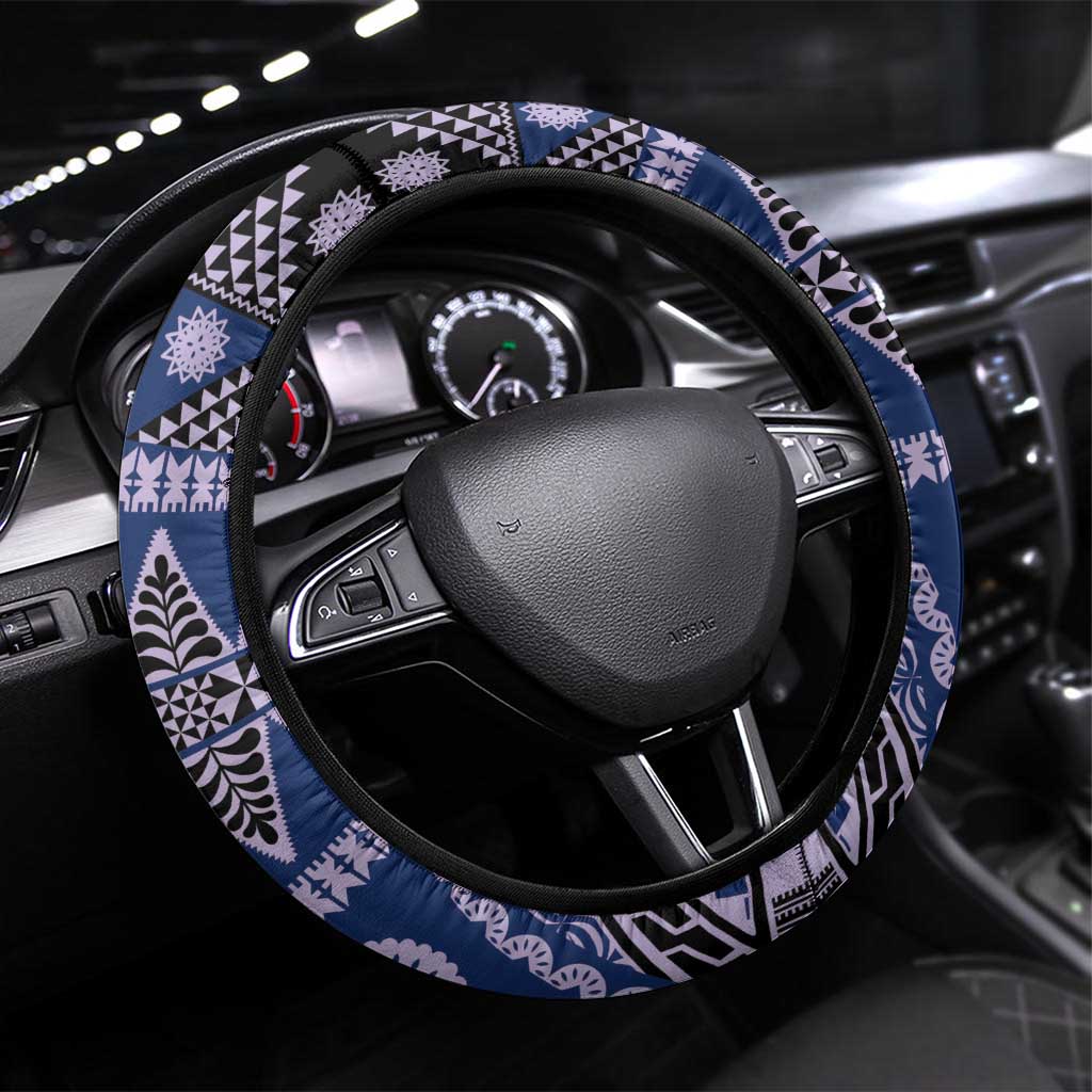 Vintage Bula Fiji Steering Wheel Cover Prussian Blue Tapa Masi Motif LT9 Universal Fit Blue - Polynesian Pride