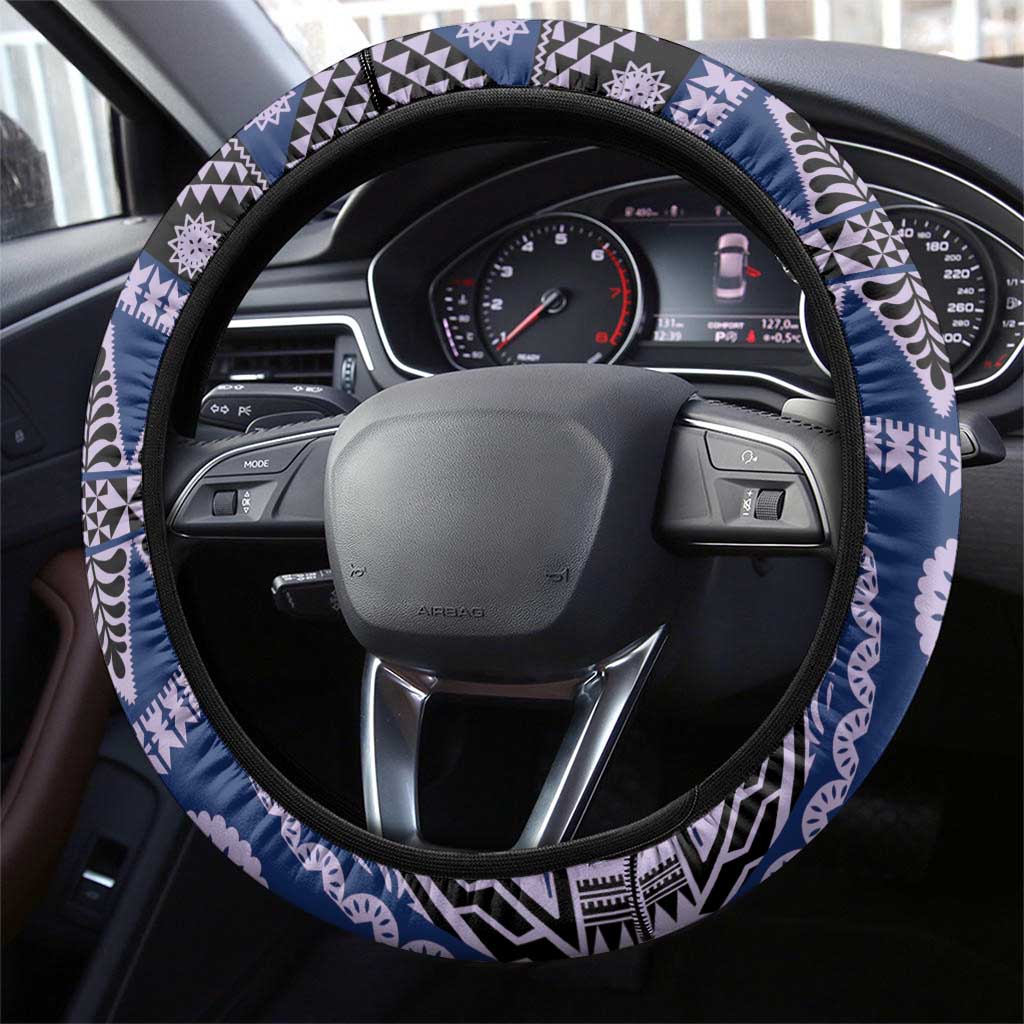 Vintage Bula Fiji Steering Wheel Cover Prussian Blue Tapa Masi Motif LT9 - Polynesian Pride