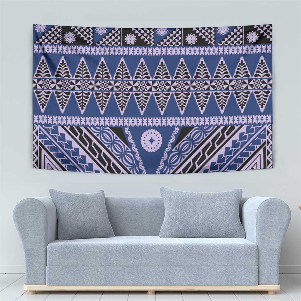 Vintage Bula Fiji Tapestry Prussian Blue Tapa Masi Motif