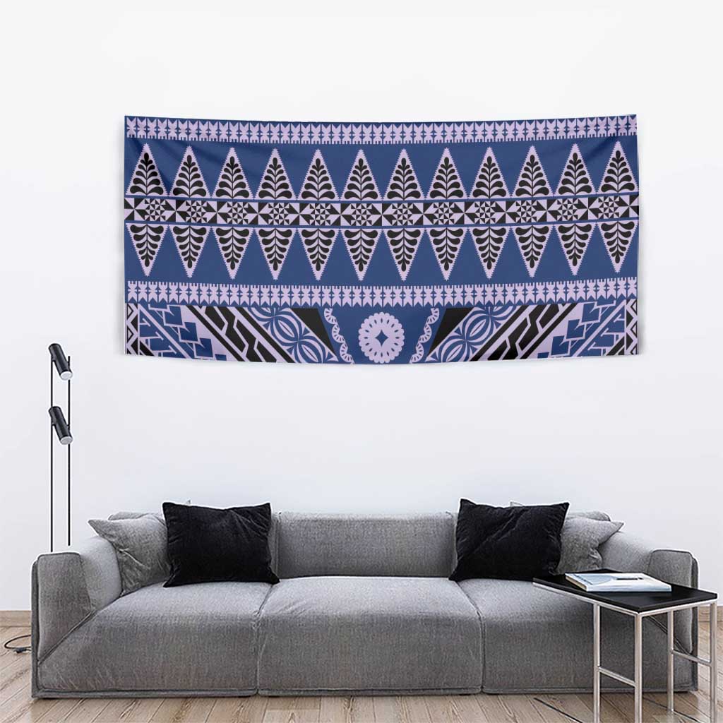 Vintage Bula Fiji Tapestry Prussian Blue Tapa Masi Motif