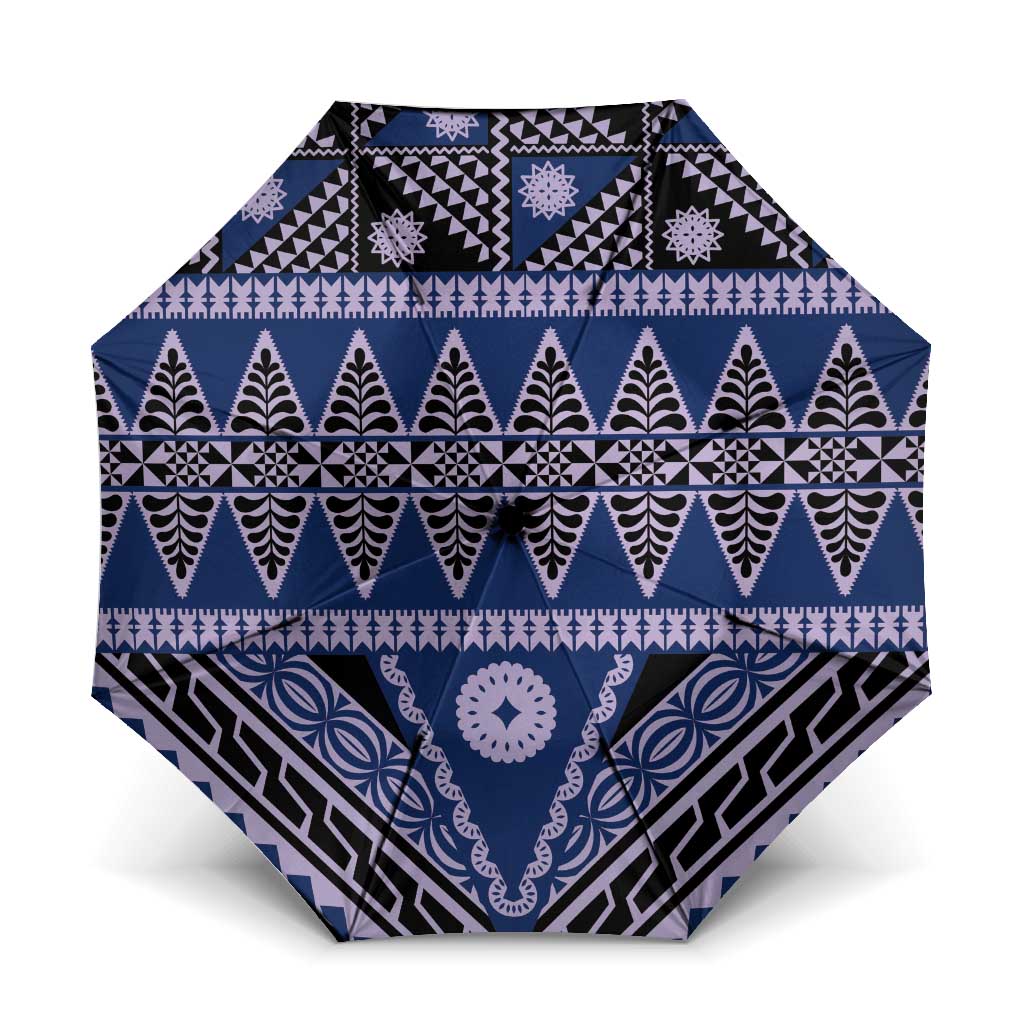 Vintage Bula Fiji Umbrella Prussian Blue Tapa Masi Motif - Polynesian Pride