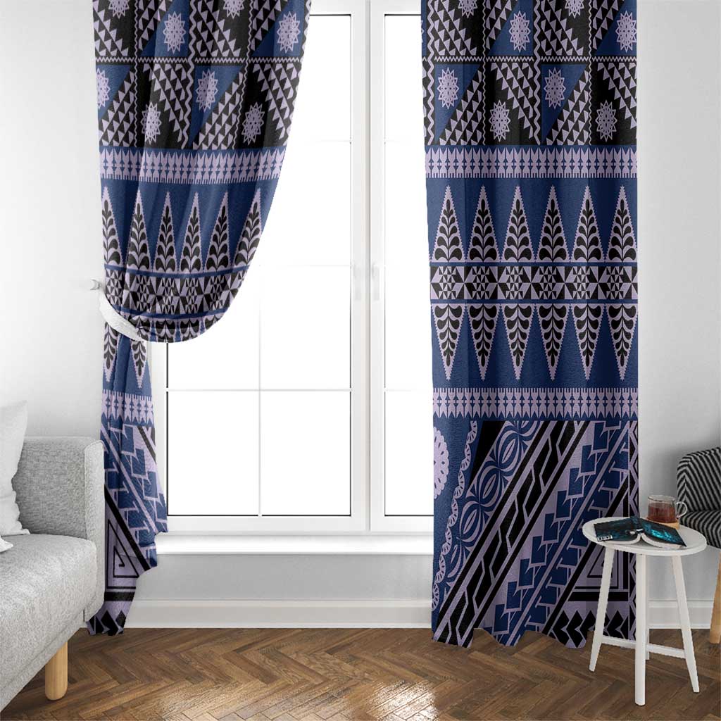 Vintage Bula Fiji Window Curtain Prussian Blue Tapa Masi Motif