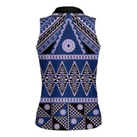 Vintage Bula Fiji Women Sleeveless Polo Shirt Prussian Blue Tapa Masi Motif