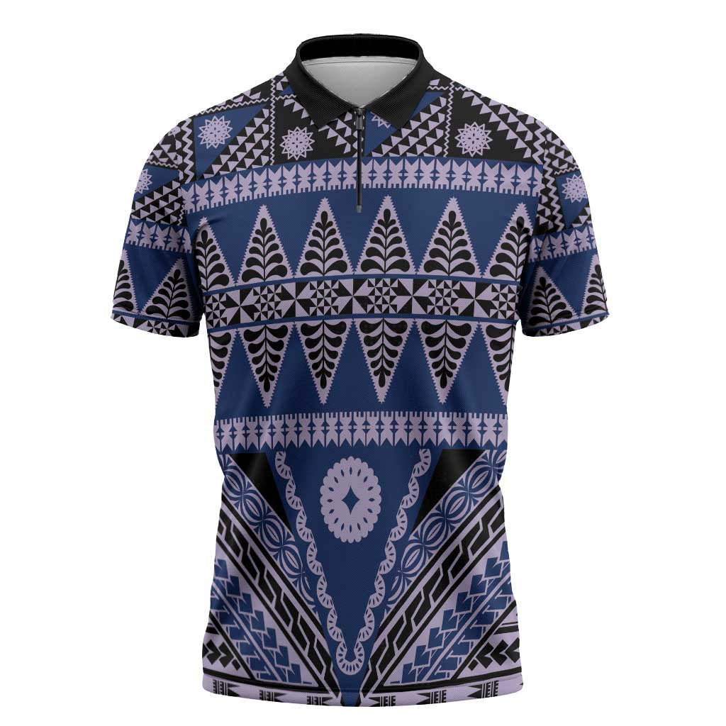 Vintage Bula Fiji Zipper Polo Shirt Prussian Blue Tapa Masi Motif - Polynesian Pride