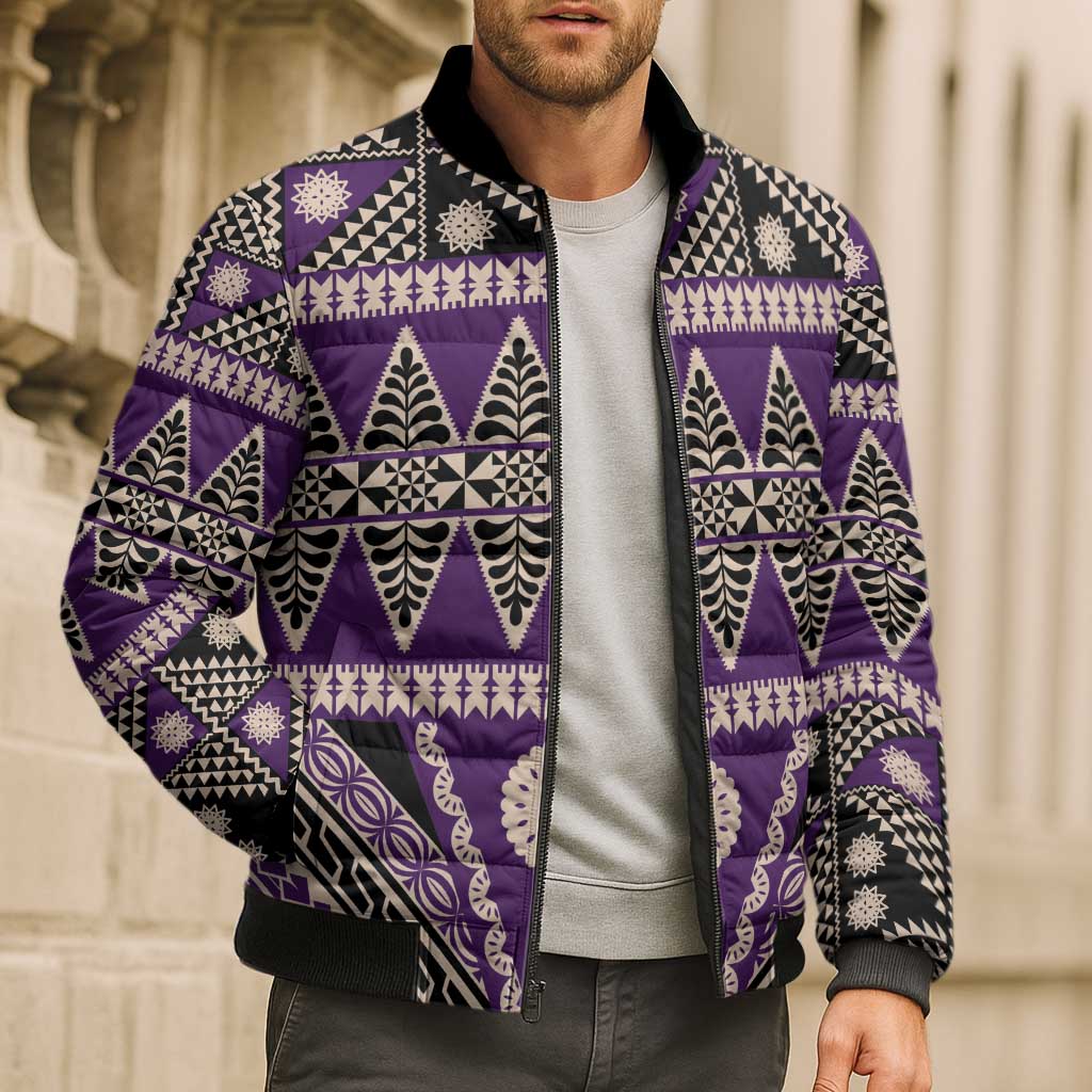 Vintage Bula Fiji Bomber Puffer Jacket Purple Tapa Masi Motif - Polynesian Pride