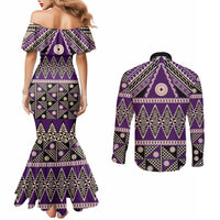 Vintage Bula Fiji Couples Matching Mermaid Dress and Long Sleeve Button Shirt Purple Tapa Masi Motif