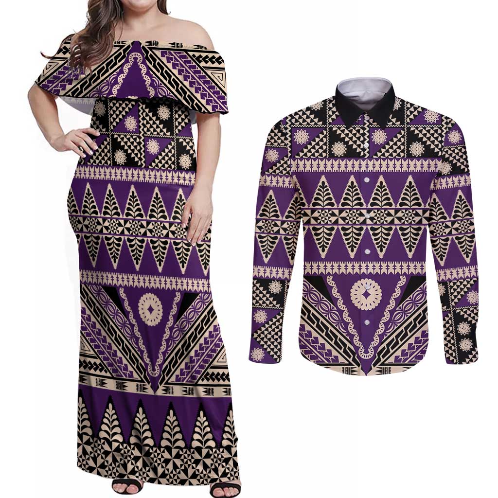 Vintage Bula Fiji Couples Matching Off Shoulder Maxi Dress and Long Sleeve Button Shirt Purple Tapa Masi Motif