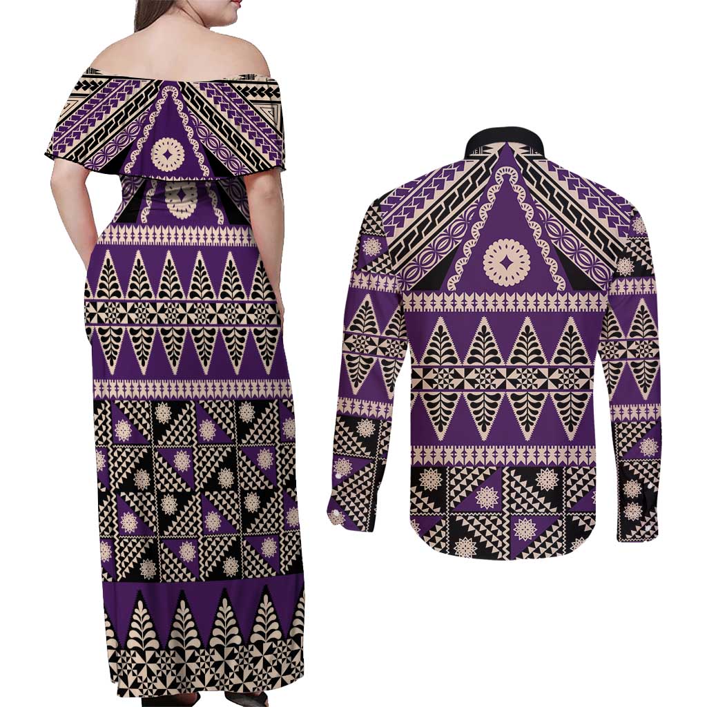 Vintage Bula Fiji Couples Matching Off Shoulder Maxi Dress and Long Sleeve Button Shirt Purple Tapa Masi Motif