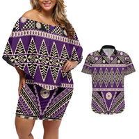 Vintage Bula Fiji Couples Matching Off Shoulder Short Dress and Hawaiian Shirt Purple Tapa Masi Motif
