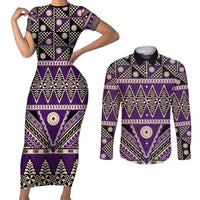 Vintage Bula Fiji Couples Matching Short Sleeve Bodycon Dress and Long Sleeve Button Shirt Purple Tapa Masi Motif