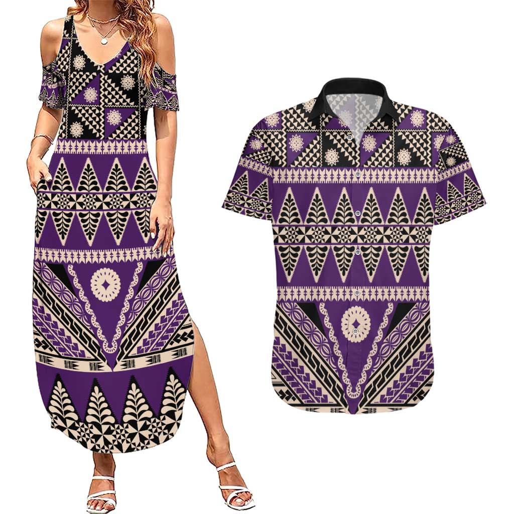 Vintage Bula Fiji Couples Matching Summer Maxi Dress and Hawaiian Shirt Purple Tapa Masi Motif