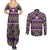 Vintage Bula Fiji Couples Matching Summer Maxi Dress and Long Sleeve Button Shirt Purple Tapa Masi Motif