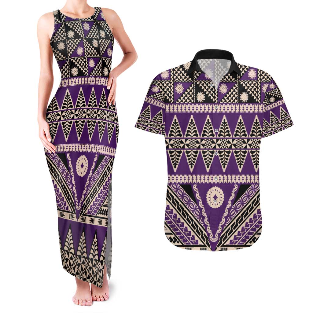 Vintage Bula Fiji Couples Matching Tank Maxi Dress and Hawaiian Shirt Purple Tapa Masi Motif