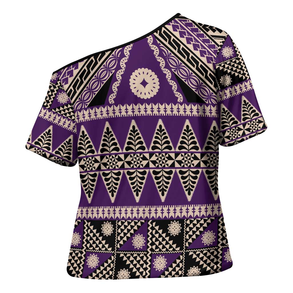 Vintage Bula Fiji Cross Shoulder Shirt Purple Tapa Masi Motif LT9 - Polynesian Pride