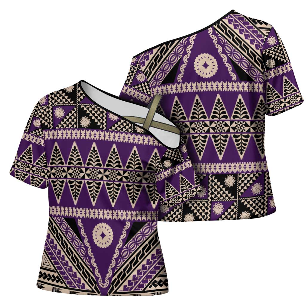 Vintage Bula Fiji Cross Shoulder Shirt Purple Tapa Masi Motif LT9 - Polynesian Pride