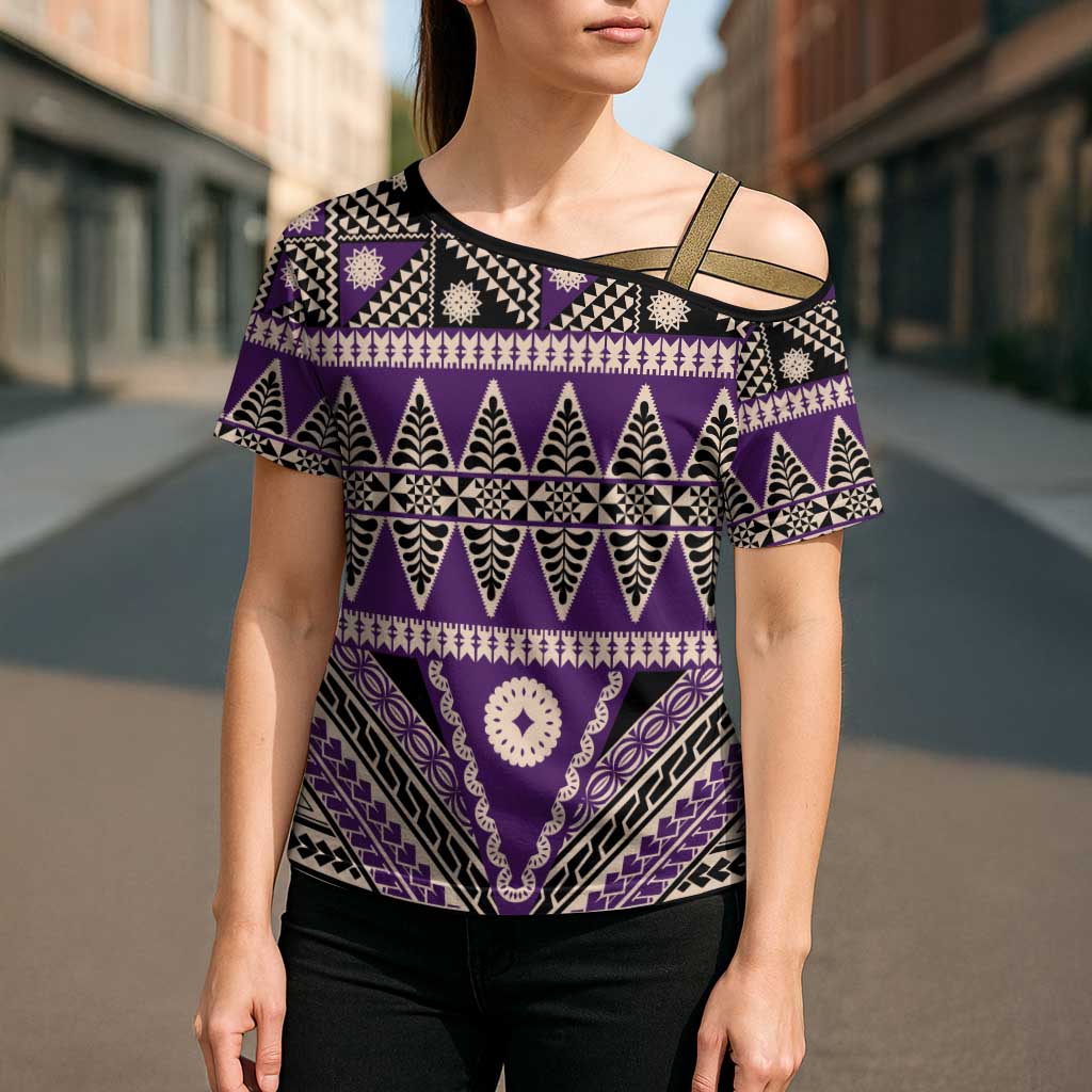 Vintage Bula Fiji Cross Shoulder Shirt Purple Tapa Masi Motif LT9 - Polynesian Pride